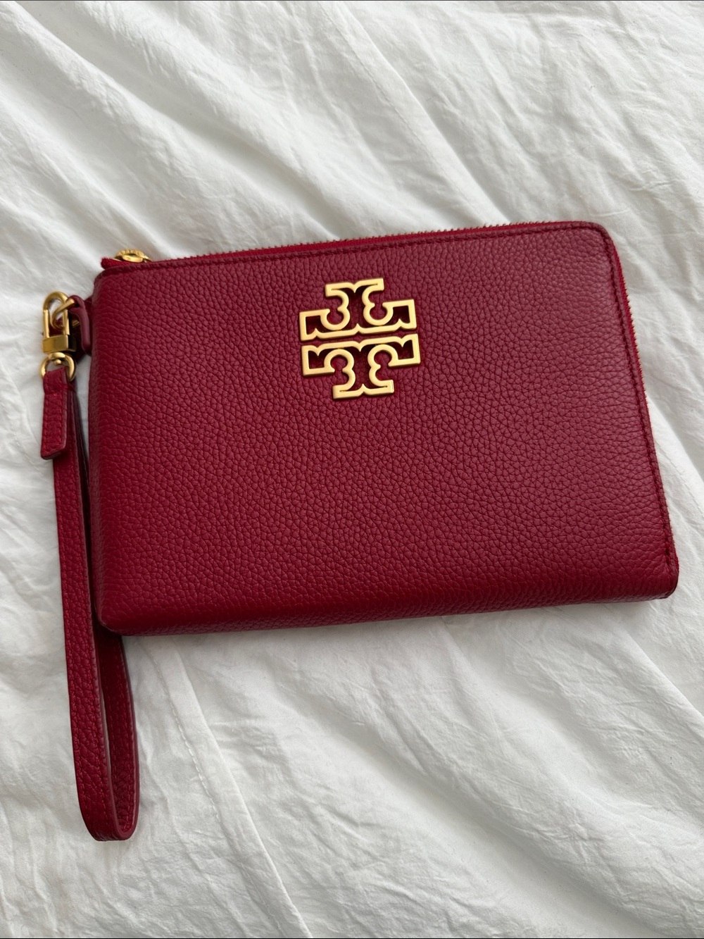 Tory Burch Red Leather Wristlet Card Holder with Gold Logo